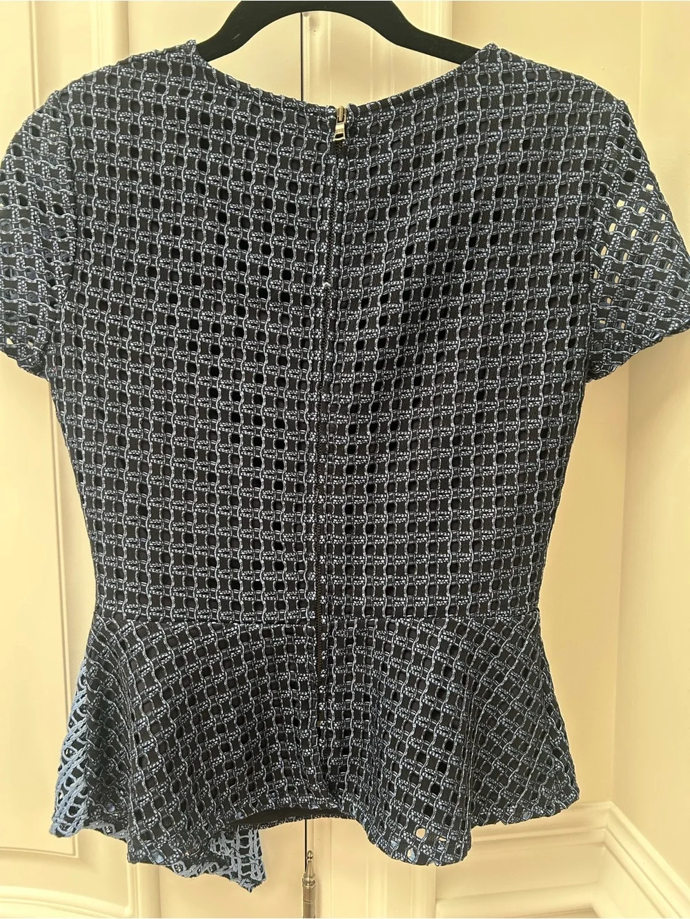 BCBGMaxAzria Navy and Light Blue Asymmetric Lace Peplum Top - Picture 3 of 4